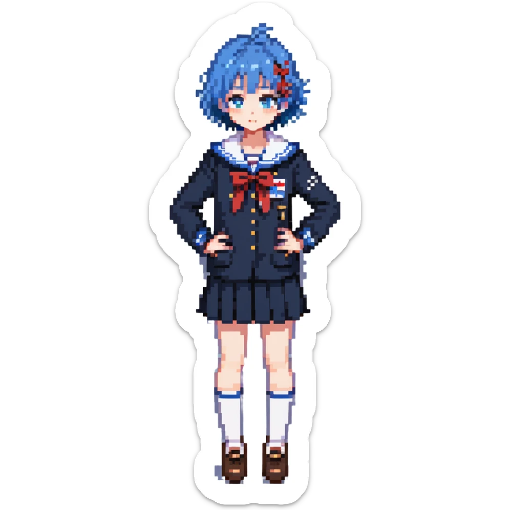 Pixel art anime girl with short bright blue hair wearing Japanese sailor style school uniform, standing with hand on hip but shyly glancing down with a small blush, small timid wave, very shy sticker
