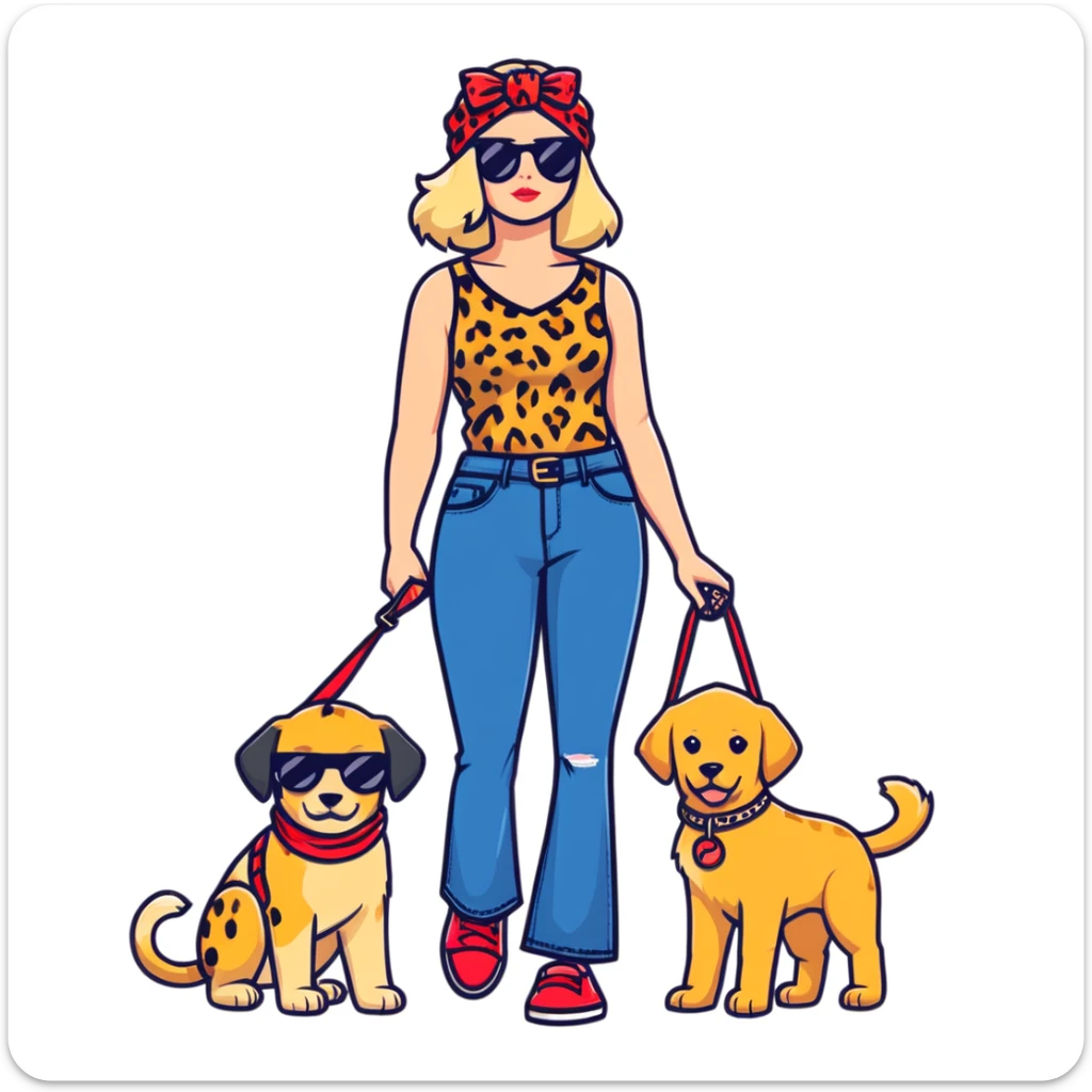 stylish woman in leopard print sleeveless top, flared jeans, sunglasses, black bag, squatting next to happy golden retriever with red bandana and blue leash, urban brick wall background, side angle sticker