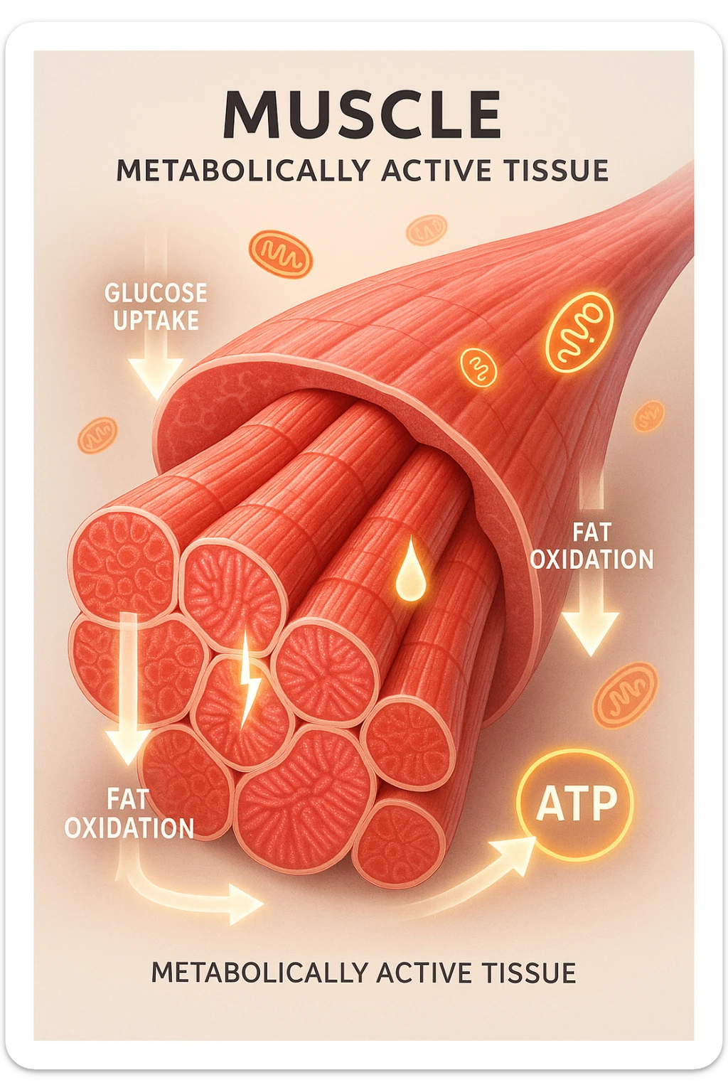 a highly detailed cross-section of human skeletal muscle fibers, shown in vibrant red and pink tones, with visible striations and realistic texture. Glowing arrows and animated icons represent active metabolic processes—such as glucose uptake, fat oxidation, and ATP production—occurring within the muscle tissue. Surrounding the muscle, floating symbols for mitochondria and energy highlight its metabolic activity. The background is clean and clinical, with subtle labels and infographics explaining that muscle is a metabolically active tissue. The overall style is modern, scientific, and visually engaging, suitable for educational or medical use. sticker