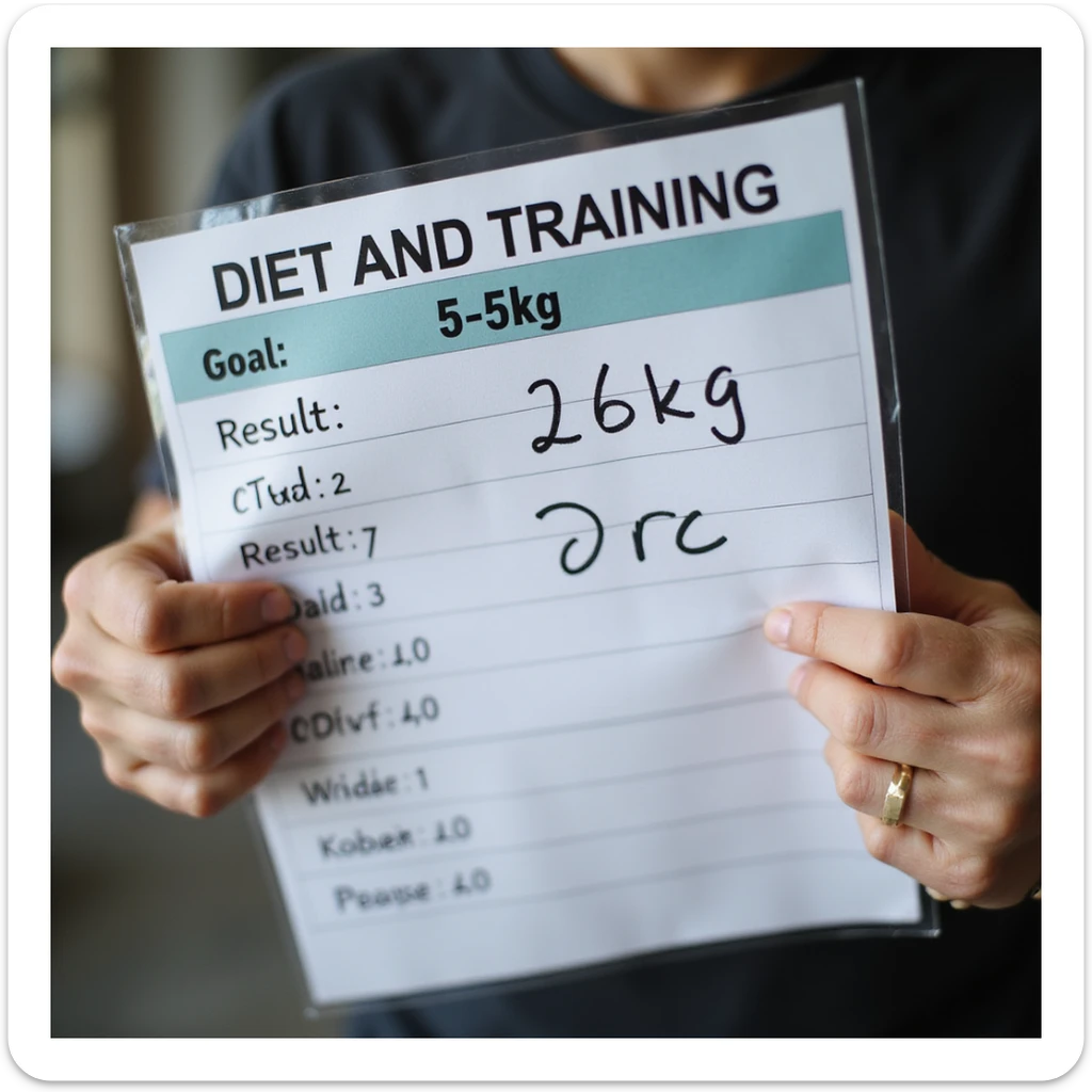 close-up of a diet and training chart with 'Goal: -5kg' highlighted, but the 'Result' column remains zero, man's hands gripping the chart with disappointment, 4K details sticker