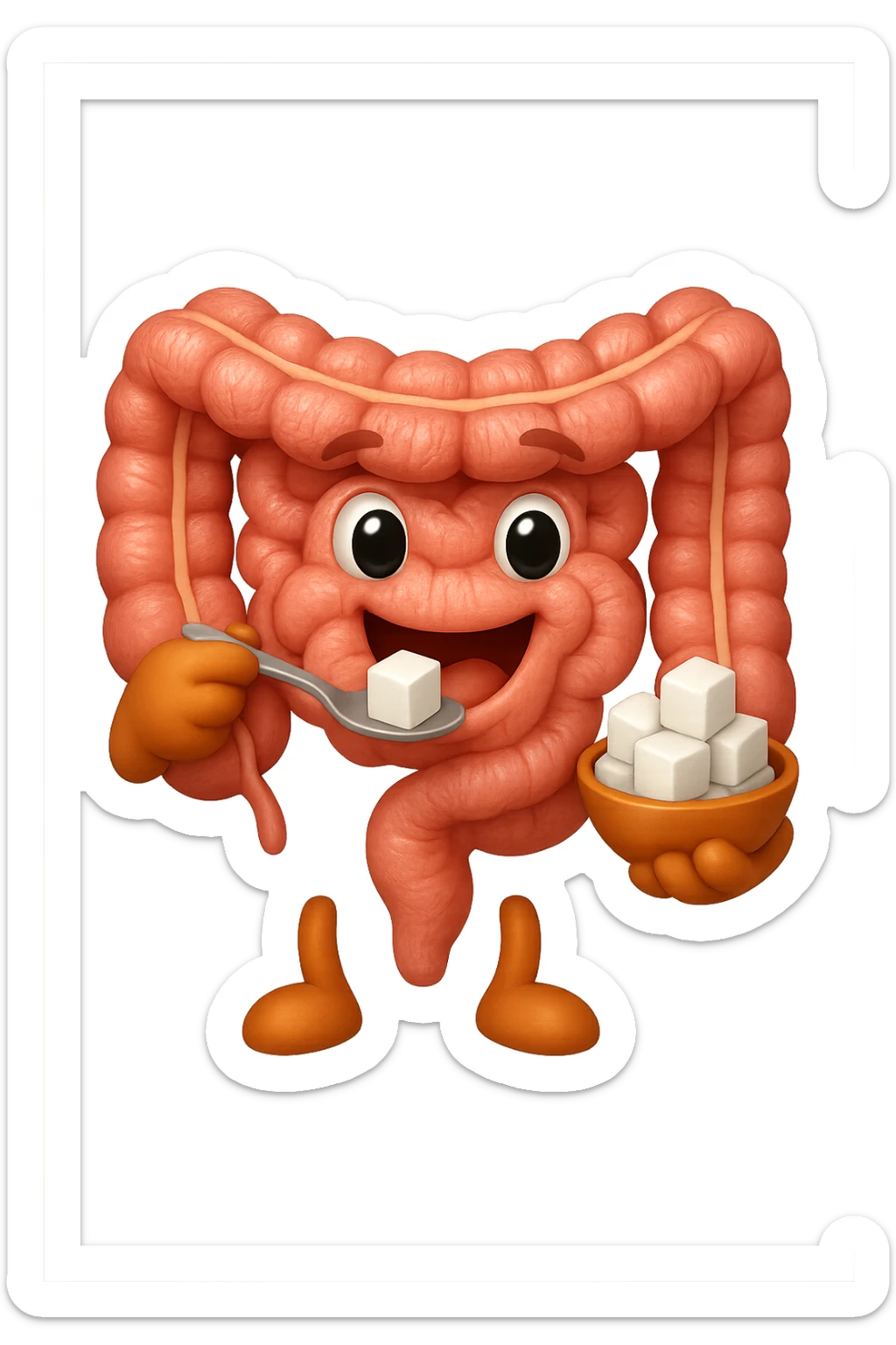 emoji stile iphone di un intestino anatomico che mangia zollette di zucchero, iperrealistico 4k, isolato su sfondo bianco sticker