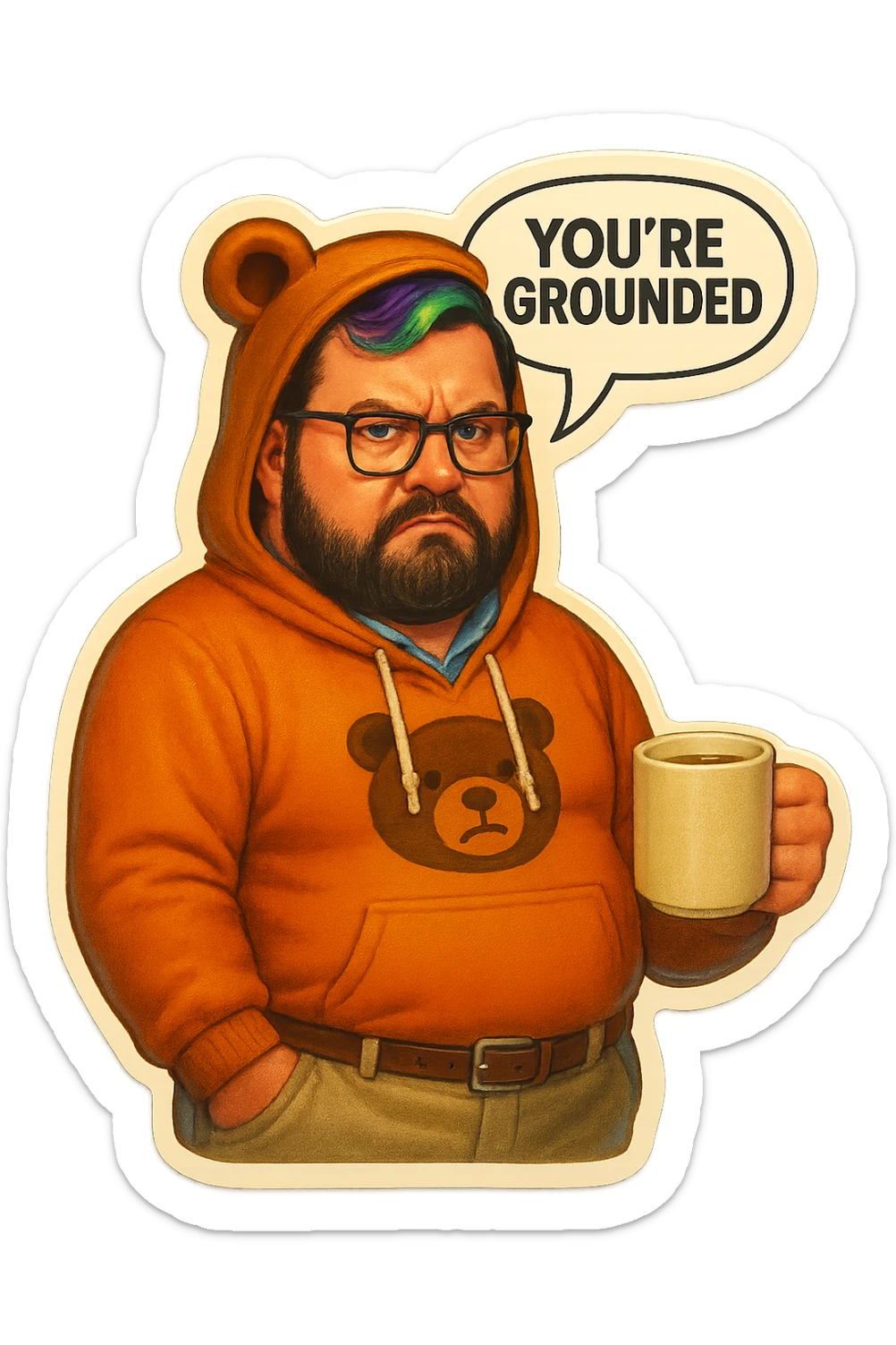 A realism art illustration art style of a plus-sizes man with purple to green ombre streak, black beard, blue eye, glasses, wearing a bear hoodie with ears,  dressed like a dad, holding a coffee mug, You’re grounded speech bubble, frowning  sticker