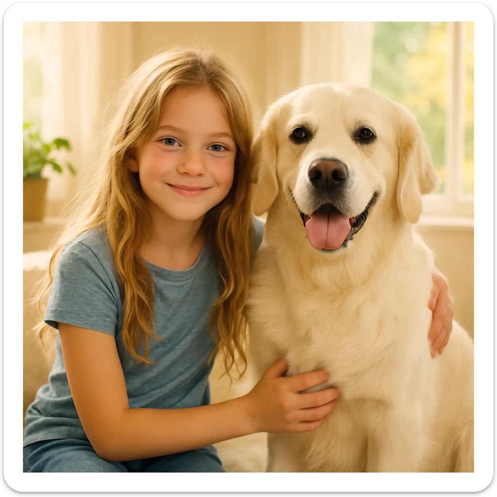 dirty blonde girl with long hair and dark blue eyes, sitting beside an English cream golden retriever, relaxed and happy mood sticker