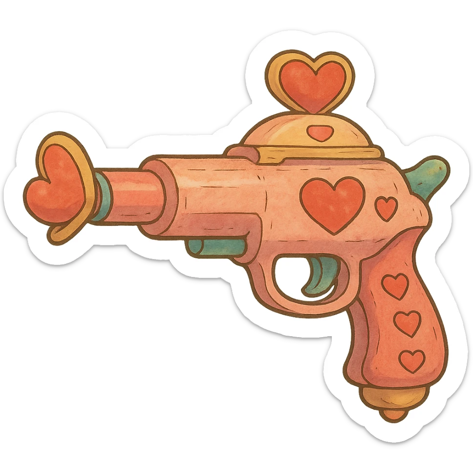 ghibli style whimsical love gun with soft colors and heart motifs sticker