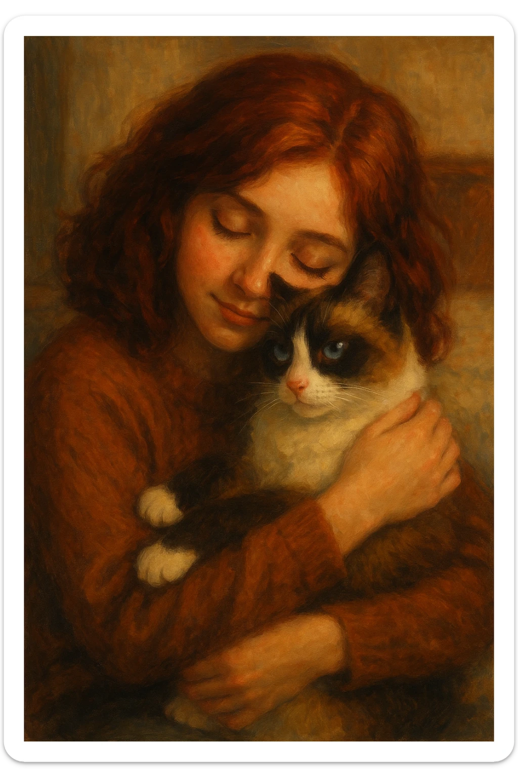 A girl with deep red hair embracing a snowshoe cat, cozy and heartwarming, painterly illustration sticker