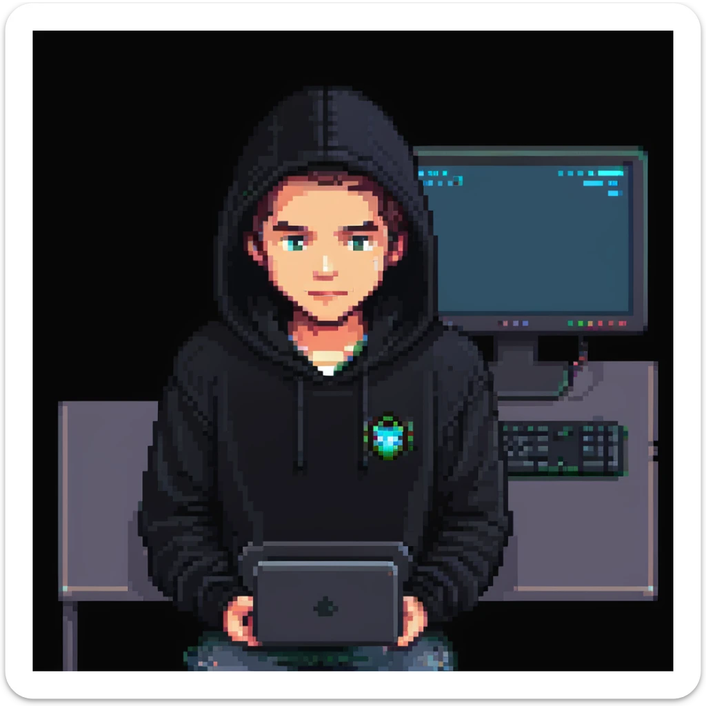 pixel art of a programmer in a dark hoodie, illuminated by the glow of a computer screen sticker