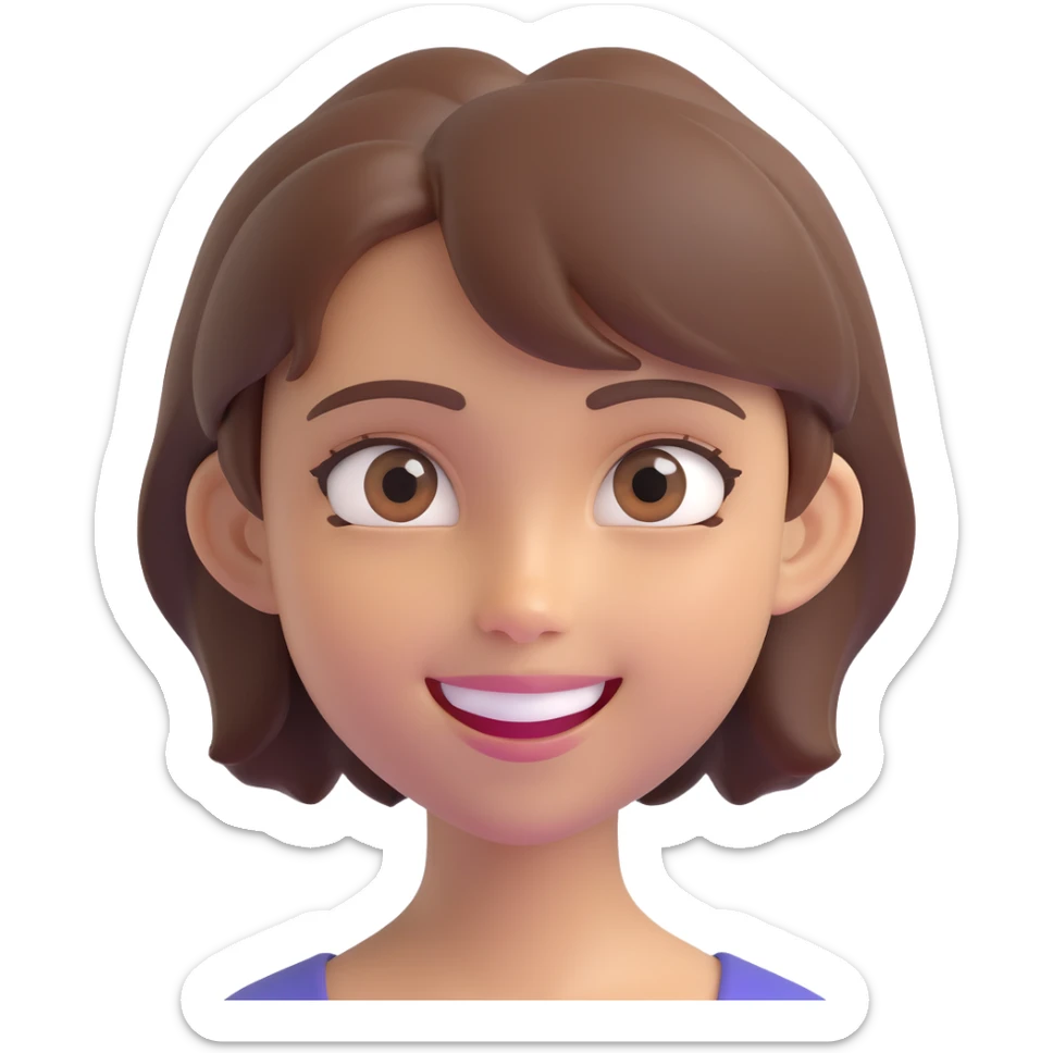 apple-style 3D emoji of a young person with short tousled brown hair, smooth skin, big expressive eyes, smiling, soft shadows, glossy plastic texture, bright pastel colors, fun cartoonish look, head centered, neutral background sticker