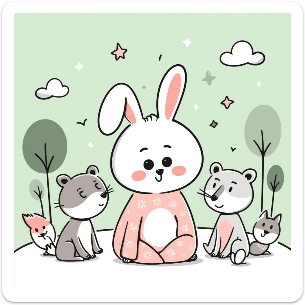 hand-drawn Japanese kawaii mori style scene with a round-faced fluffy pastel bunny with big sparkling eyes and pink blush, with a squirrel, bear, fox, and bird, dreamy pastel green forest with clouds, stars, mushrooms, soft pastel tones, transparent background, high resolution sticker