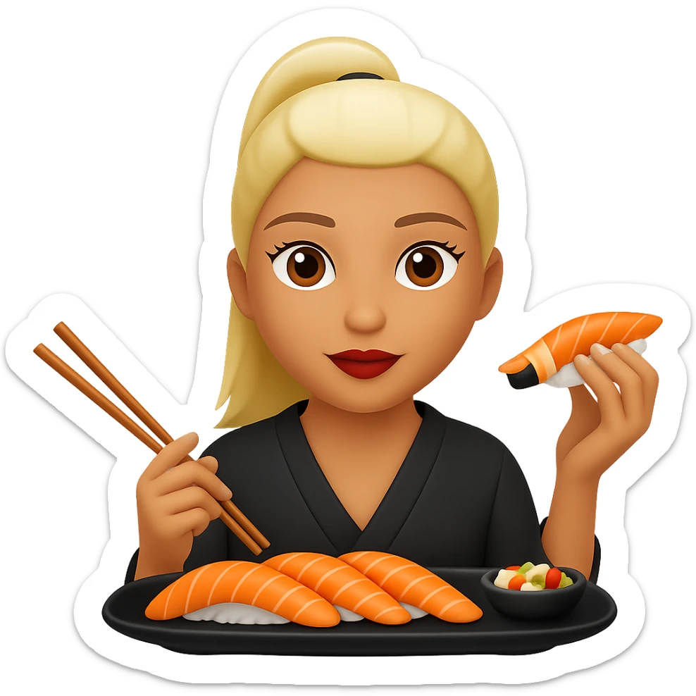 Edit the image of a girl eating sushi to have a ponytail hairstyle. Keep the same style as the original image. Remove the background. sticker