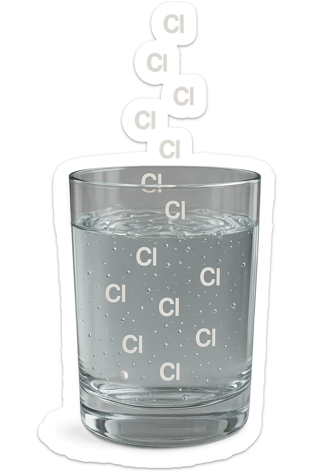 un bicchiere di acqua realistico e dettagliato fluttua in aria, dentro l'acqua del bicchiere ci sono particelle di cloro ben visibili con la scritta "Cl" sopra, ci sono particelle anche che escono dal bicchiere e fluttuano in aria verticalmente, mentre alcune sono all'interno dell'acqua nel bicchiere, iperrealistico 4k sticker