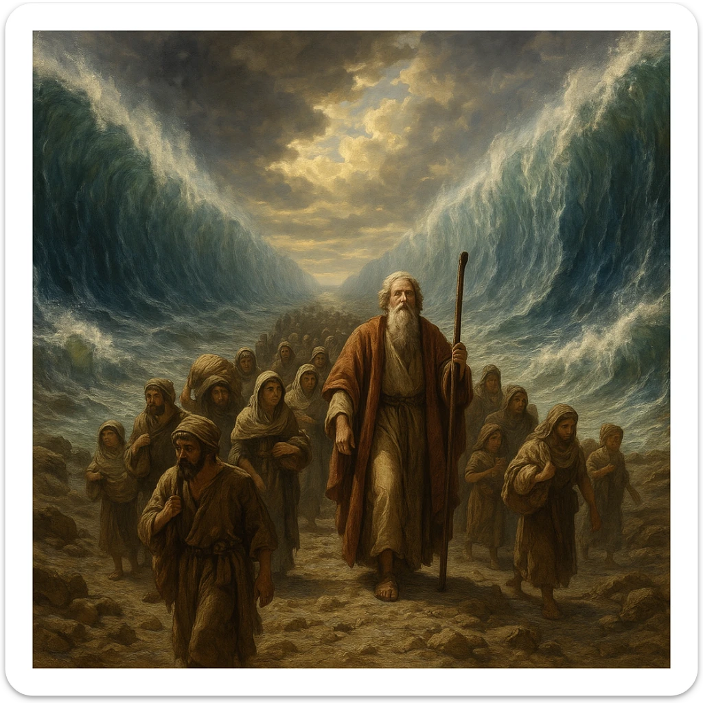 Red Sea parted, walls of water on both sides, people crossing on dry land, Moses leading, ancient setting sticker