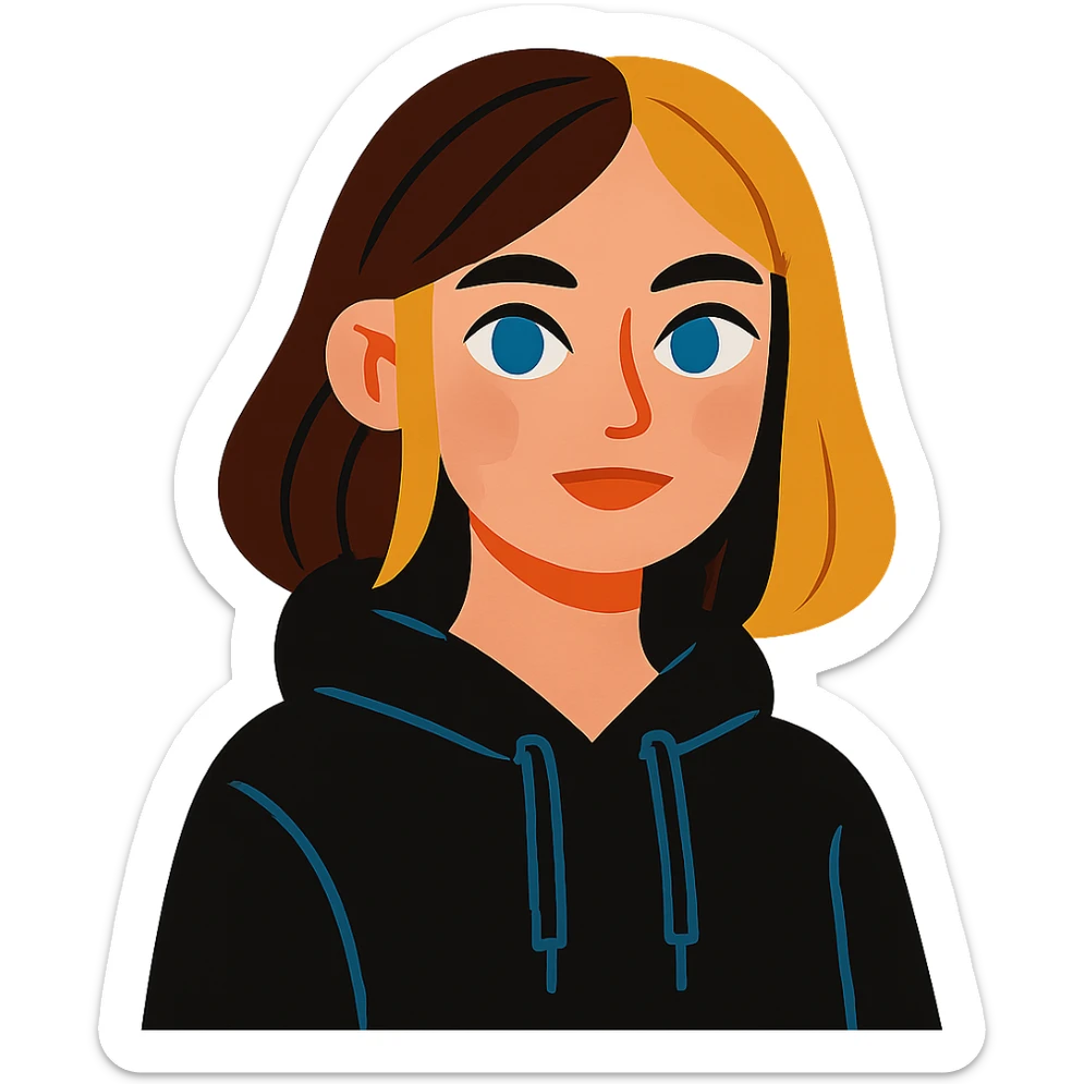 designer girl with blue eyes, brown and blonde hair to shoulders, black hoodie sticker