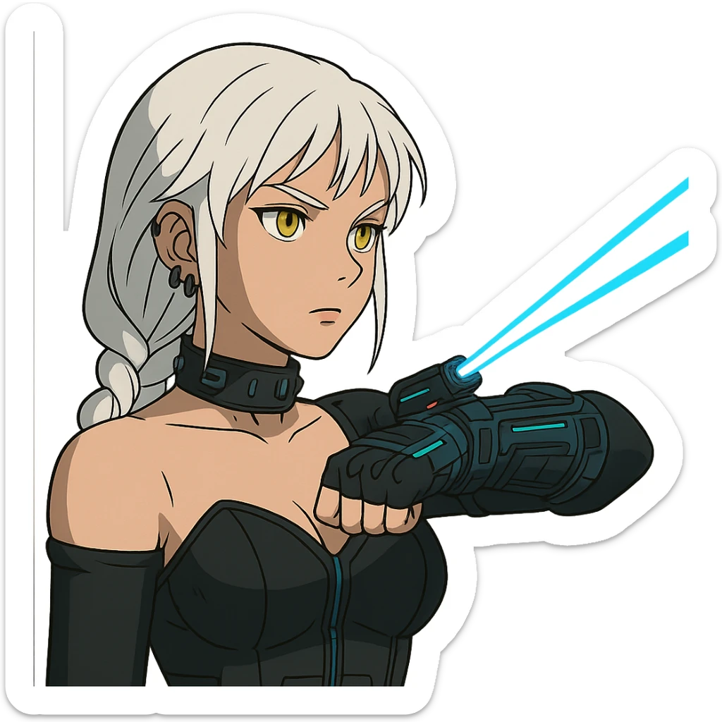  a closeup portrait of young woman with gold yellow eyes, white hair, long braid, black off-shoulder top d-cup, punk gothic style, futuristic cyberwave cyberpunk,  shooting a blue lazer from a small device on her left wrist sticker