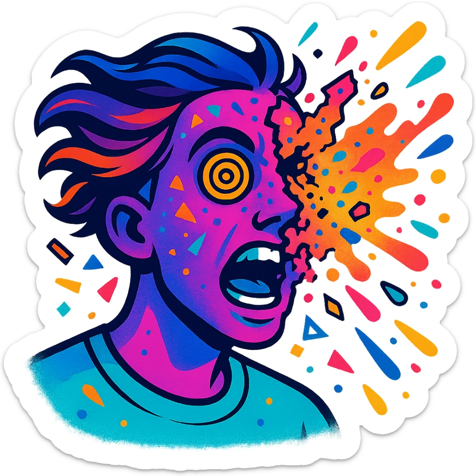 person with acid purple and turquoise neon skin, face breaking apart in colorful explosion, airbrushed, hair as flowing liquid color, spiral eyes, geometric accents, paint flecks, energetic motion sticker