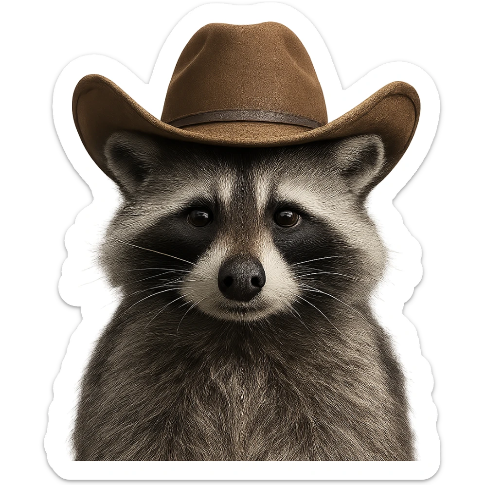 HD bust portrait of a gray raccoon with a cowboy hat, front view, detailed, high-definition sticker