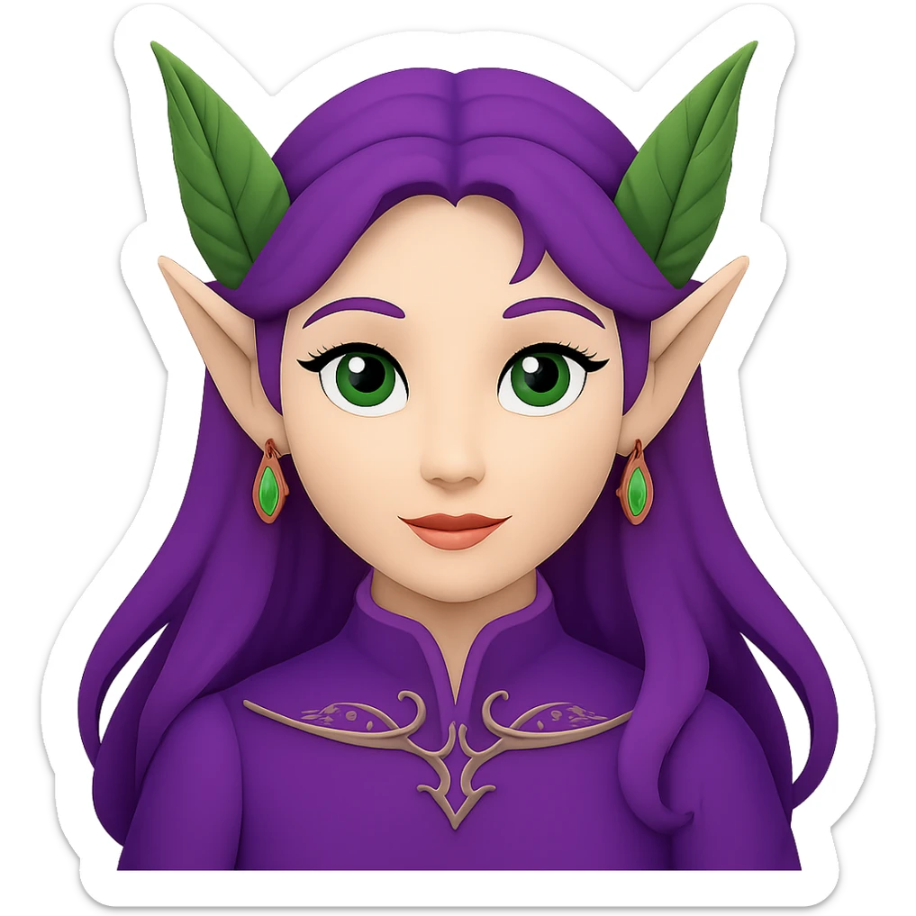 Create an Apple emoji style image of a woman with elf ears and purple hair, no background. sticker