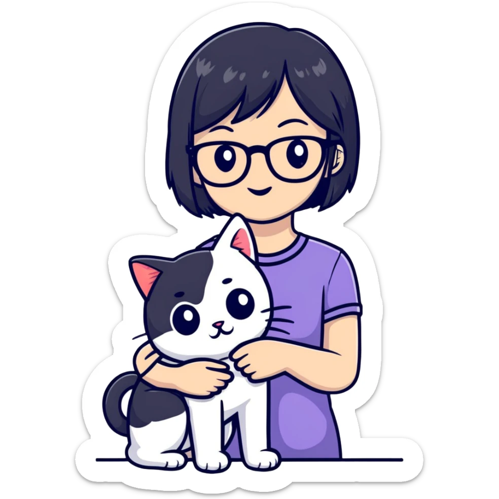 Girl with black hair wearing glasses holding a black and white cat sticker
