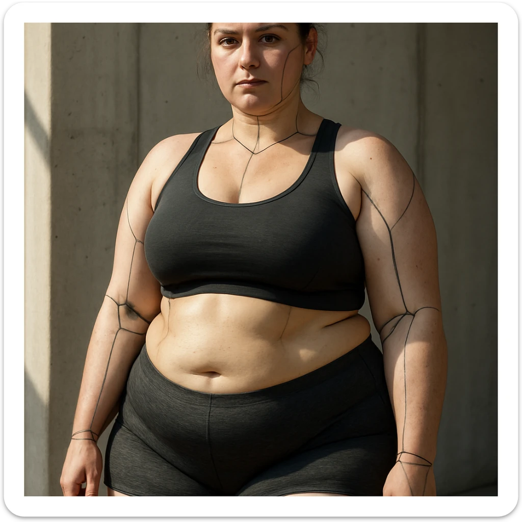 hyper realistic 4K gynoid woman in sportswear, fat on legs and thighs, skin details, natural light sticker