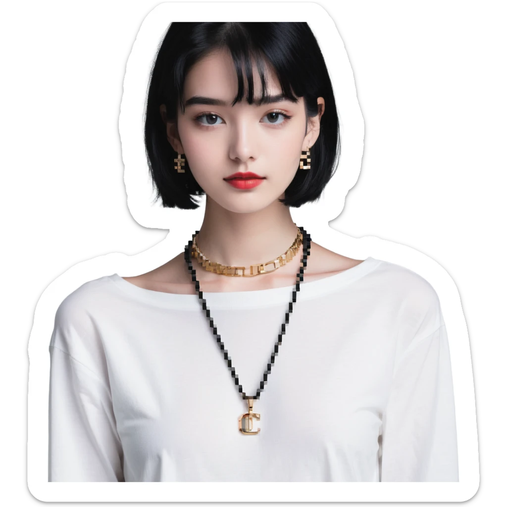 college girl with black hair, white skin, wearing a Cartier necklace, old money luxury vibe sticker
