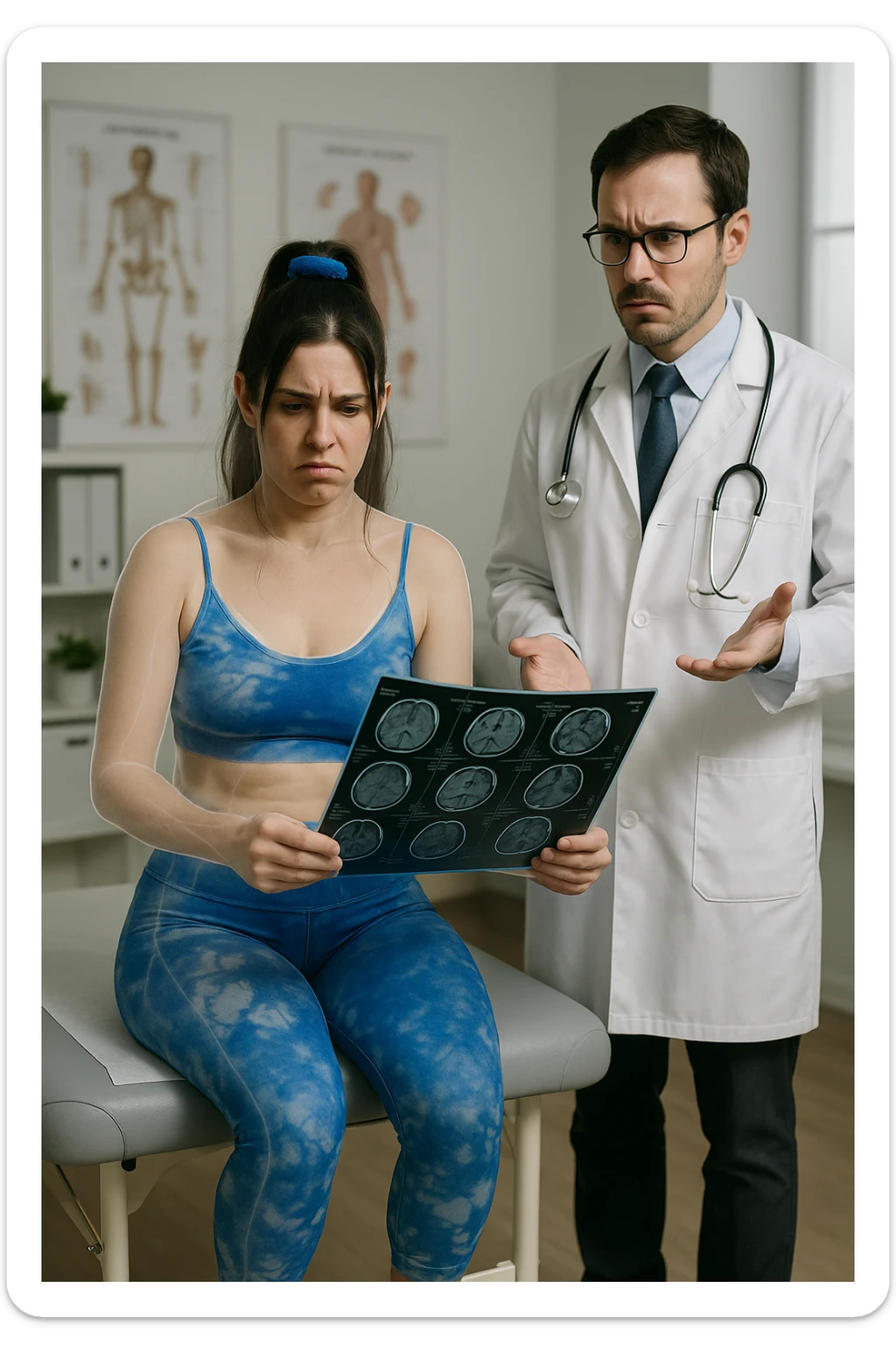a person sits in a doctor’s office, holding medical imaging results (like X-rays or MRI scans) that appear normal. However, a subtle shadow or ghosted outline around their body reveals postural asymmetries—such as uneven shoulders or hips—that are not visible in the scans. The doctor looks puzzled, while the patient appears frustrated. sticker