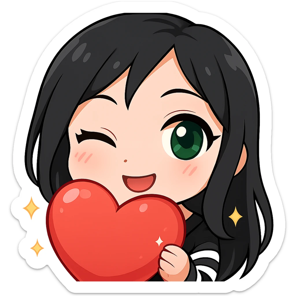 Twitch emote of a girl with black hair and green eyes, winking, in a shiny, detailed chibi style with large eyes, sparkles, soft shading, and a playful expression, matching the reference style. sticker
