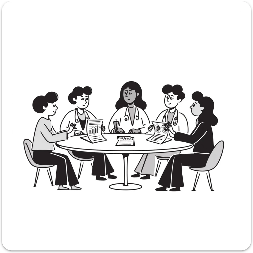 Hand-drawn meeting of emergency medical fund committee with doctors, nurses and financial documents sticker