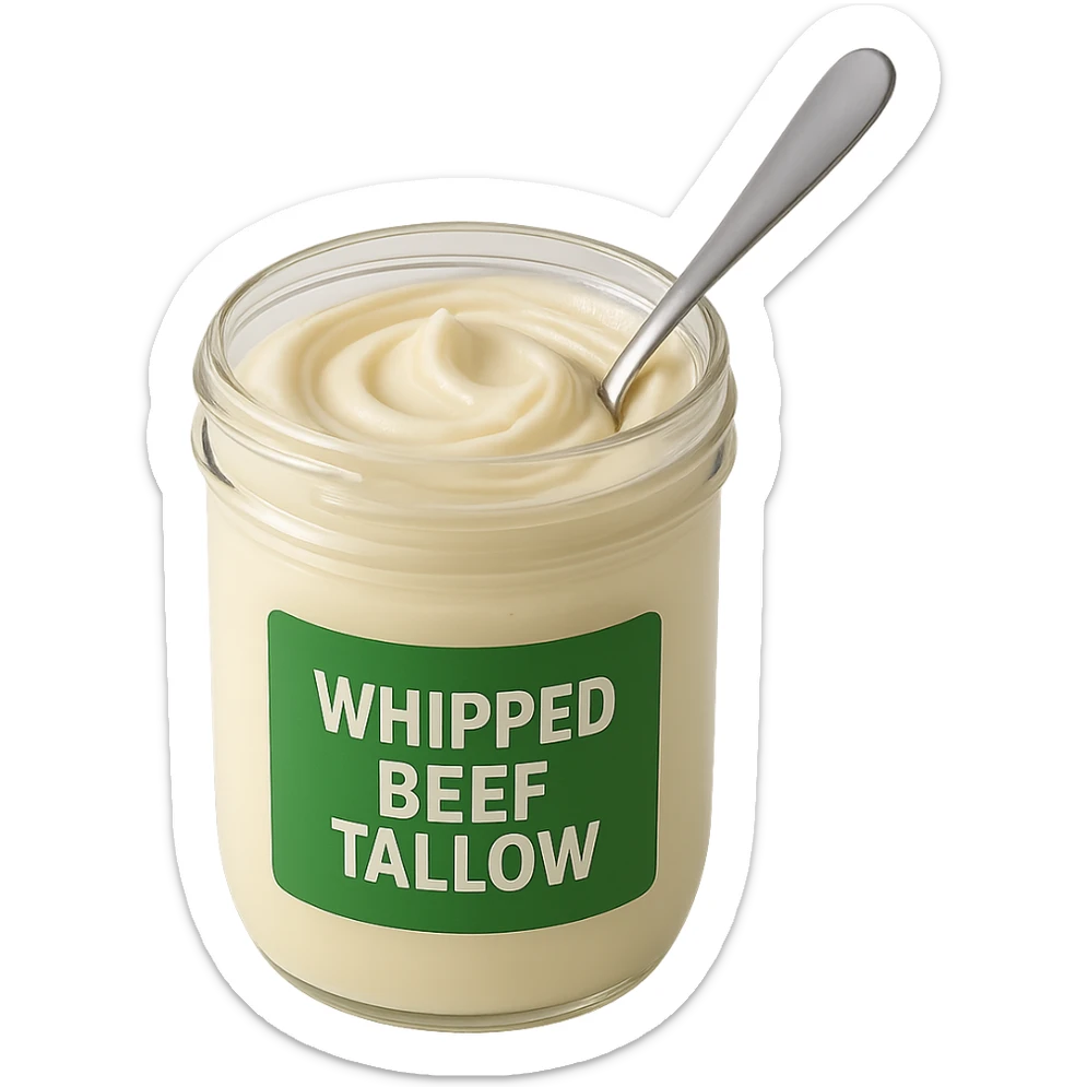 jar of whipped beef tallow, green label, spoon inside, creamy swirl, clean background sticker