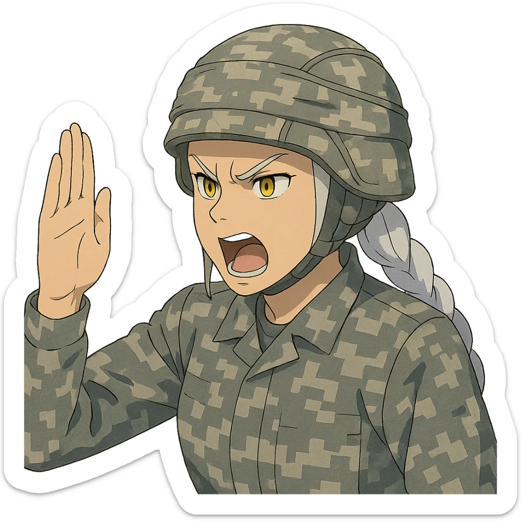 Style of Anime, 1 female, gold yellow eyes, white hair lavender tips, locks in front, mohawk, long white braid, she is a drill sergeant at work, focused facial expression, shouting command, eyes looking down in front of her, a blade hand  vertical palm gesture "to the forward" direction, uniform of gray large scale digital camo. her head is covered with a PAGS style wrapped ballistic helmet sticker