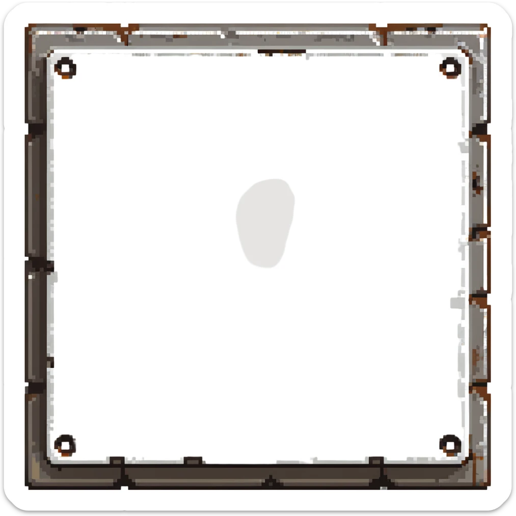 Industrial metal wall block, color #334155 with metallic highlights, metal plate texture with 4 rivets/bolts in corners, slight metallic sheen, solid and indestructible appearance, 32x32 pixels sticker