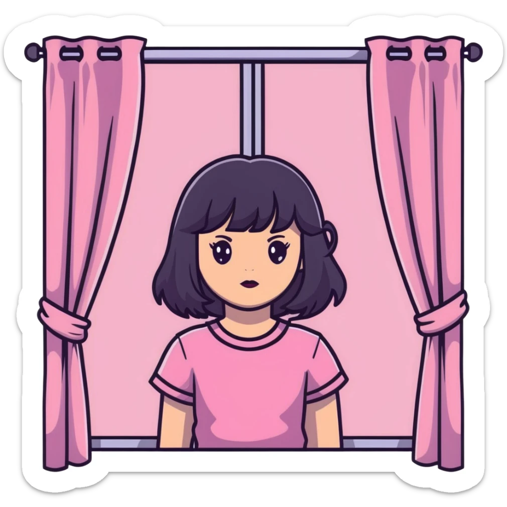 White girl with chest length black wavy hair with curtain bangs, gray eyes, wearing a pink top sticker