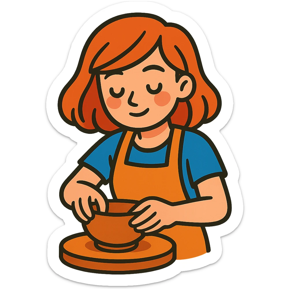 vibrant toon style girl with shoulder-length red hair making a bowl with clay sticker