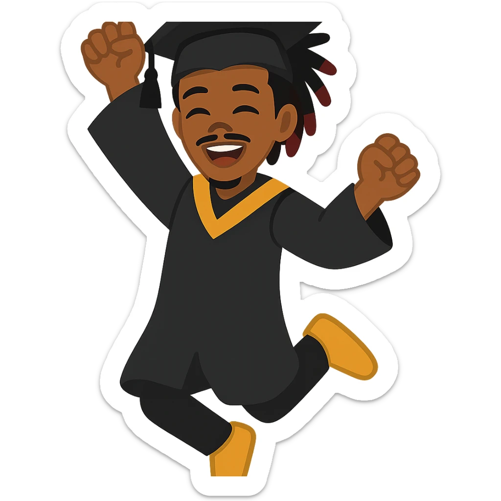Create a male African American graduate emoji with the hairstyle and features from the reference photo, wearing a graduation cap and gown, jumping in the air with excitement. No background. sticker