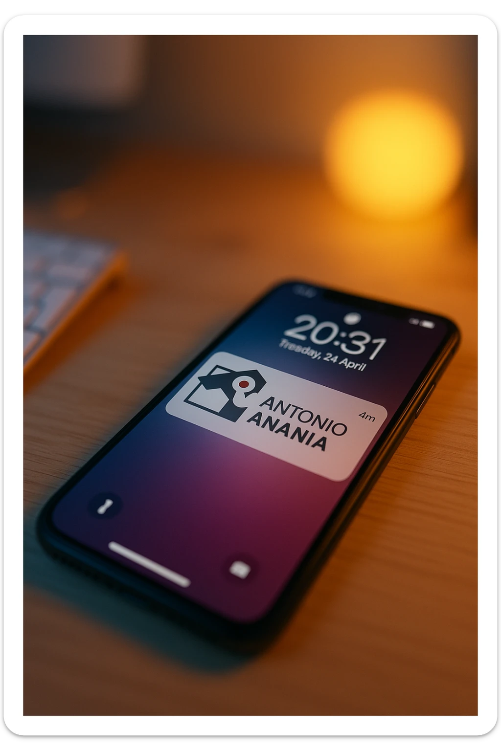 A photo of an iPhone with the message "Antonio Anania" on its screen, The phone sits atop a desk with a blurred background that suggests work environment. A faint glow from above casts gentle shadows across the surface of each object, creating depth and highlighting their textures. sticker