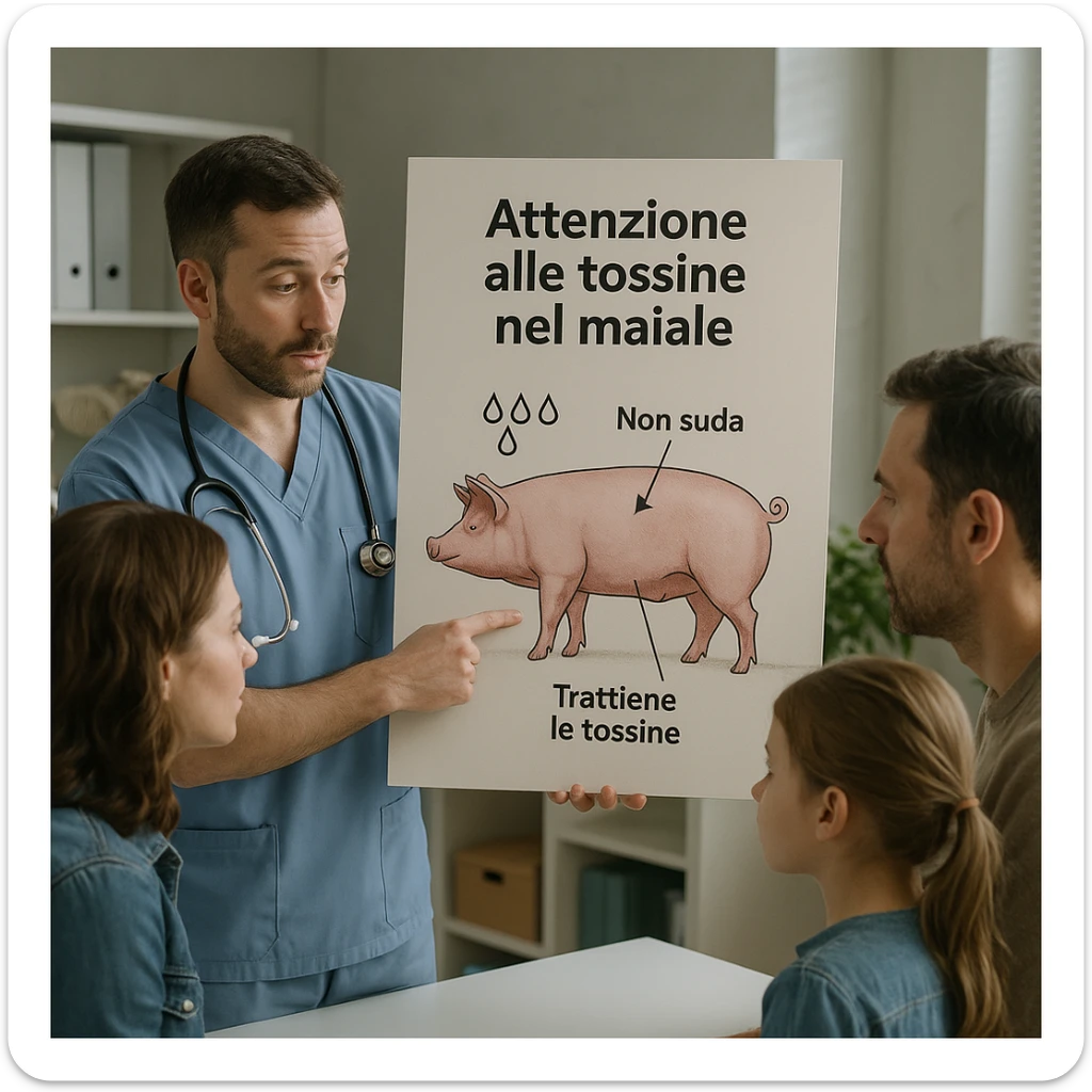 realistic scene of a veterinarian showing a diagram to a family, highlighting that the pig does not sweat and retains toxins, educational atmosphere, Italian text: 'Attenzione alle tossine nel maiale', 4K quality sticker
