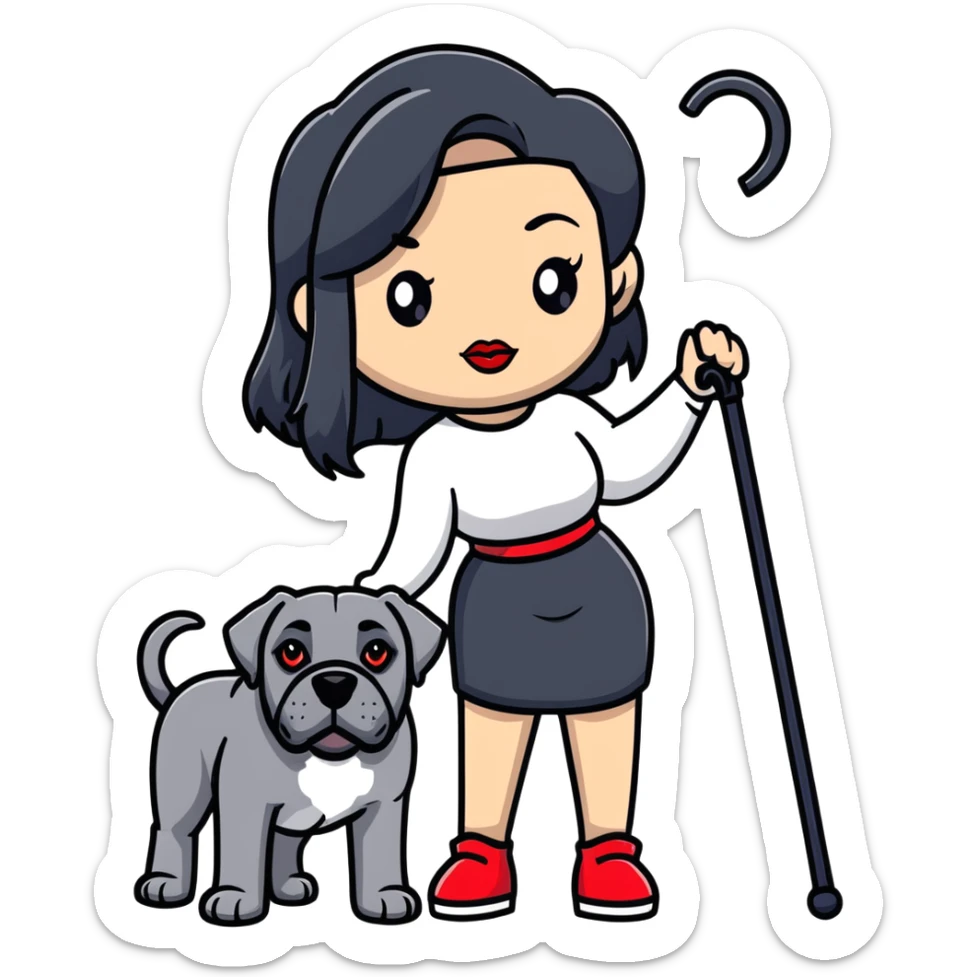 woman with long black hair and red lips next to a black Cane Corso dog with cropped ears and short tail sticker