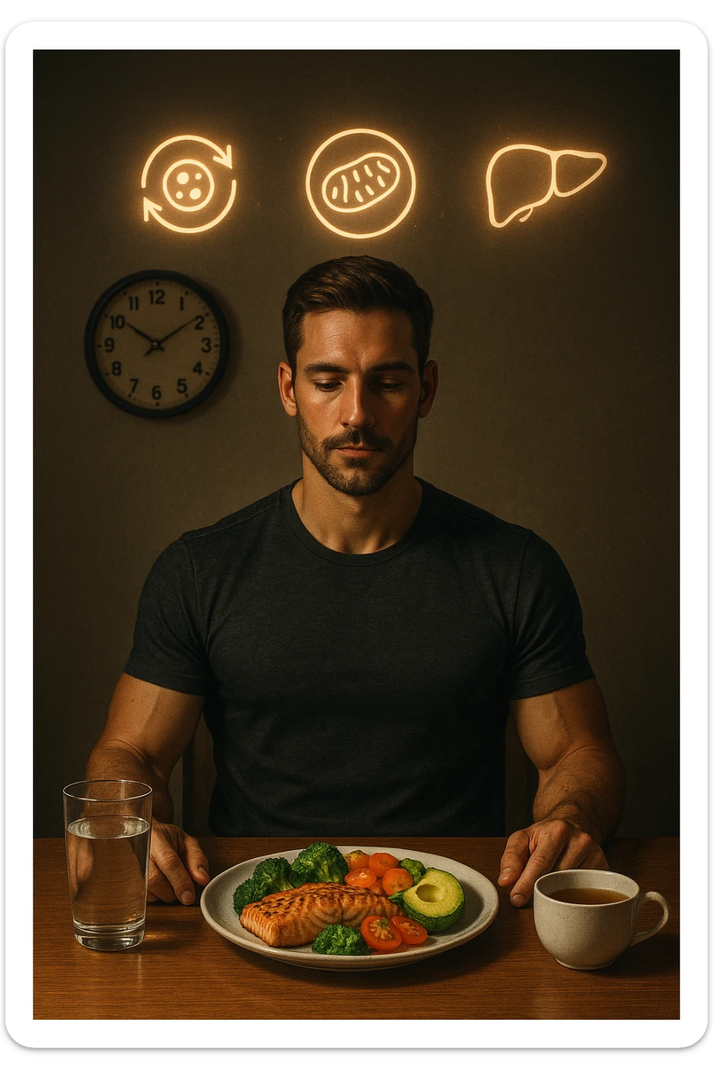 A realistic, cinematic illustration of a healthy, fit man in his early 30s with a calm, disciplined expression, sitting at a clean wooden table in the evening with a single, balanced, nutrient-dense meal in front of him (grilled salmon, colorful vegetables, avocado). The rest of the day he drinks only water and herbal tea, visible in a glass and a simple cup on the side. A wall clock in the background shows 6:00 PM, emphasizing that this is his only meal of the day (OMAD). Subtle glowing icons above him display a regenerating cell, mitochondria, and a liver symbol, representing autophagy, longevity, and health benefits of OMAD. The lighting is warm, with cinematic shadows and natural tones, creating a sense of discipline, mental clarity, and health optimization. The man looks centered and content, showing that OMAD is a conscious choice for energy and regeneration, not restrizione. The scene is realistic with slight film grain for depth sticker