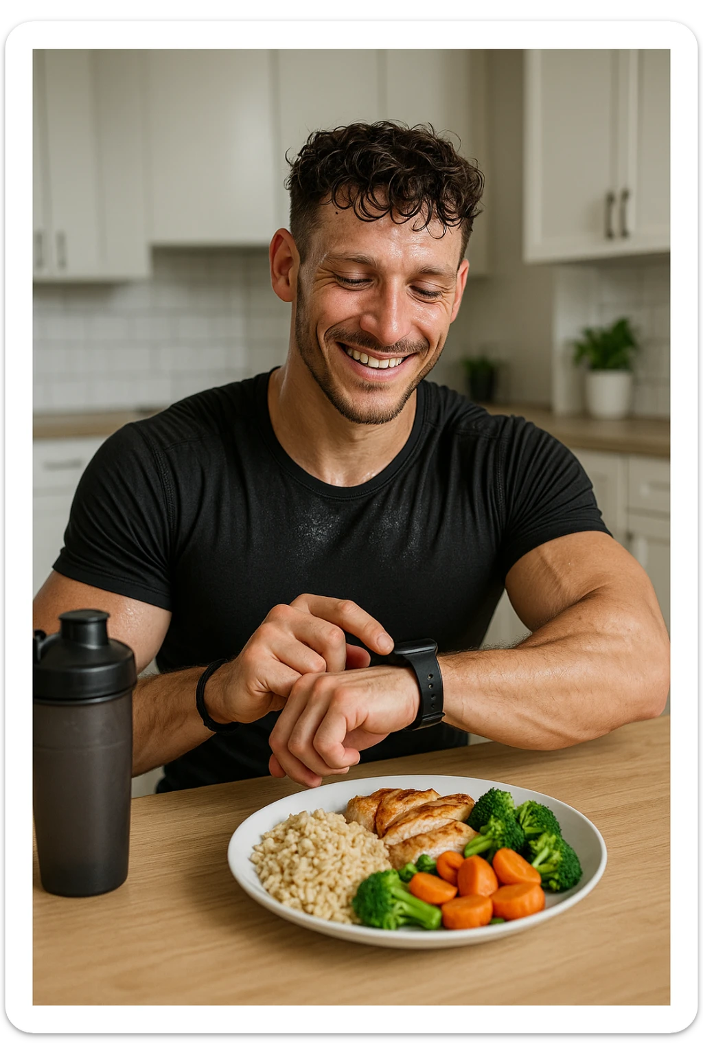a fit man in his 30s, still in gym clothes and slightly sweaty, sits at a kitchen table right after a workout. In front of him is a balanced meal with a generous portion of rice, pasta, or potatoes, along with lean protein and vegetables. He checks his watch or a fitness app, smiling with satisfaction as he times his post-workout meal. The background is a bright, modern kitchen, with a shaker bottle and gym bag visible. sticker