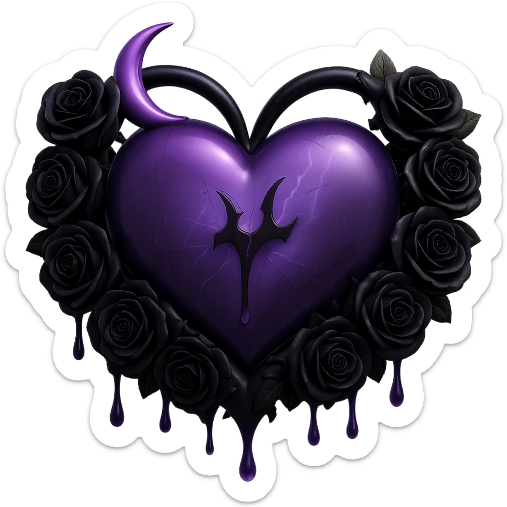 Make the black roses much more prominent and detailed, keeping the gothic heart, purple glass, crescent moon with dripping effect, faint lightning, misty rain, cracked glass with misty glow, in the style of 3D emoji style, with no background. sticker