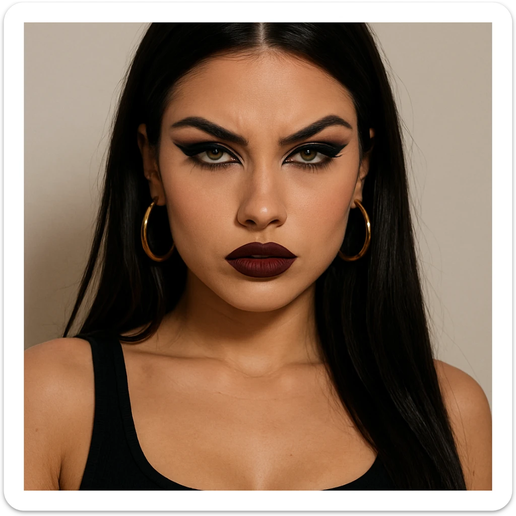 baddie girl with long dark hair, hazel eyes, small nose, bold makeup, attitude sticker