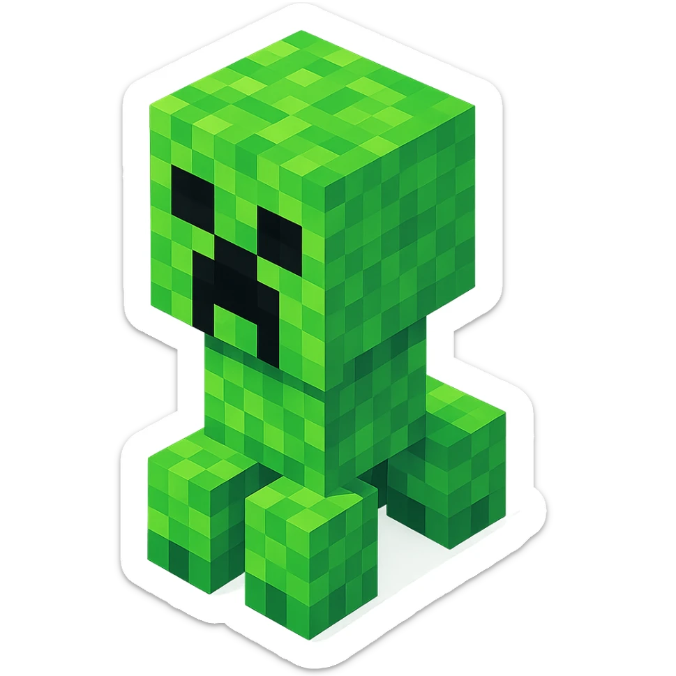 Minecraft Creeper, 3D blocky voxel style, green pixelated texture, facing forward, angry expression, classic Minecraft look sticker