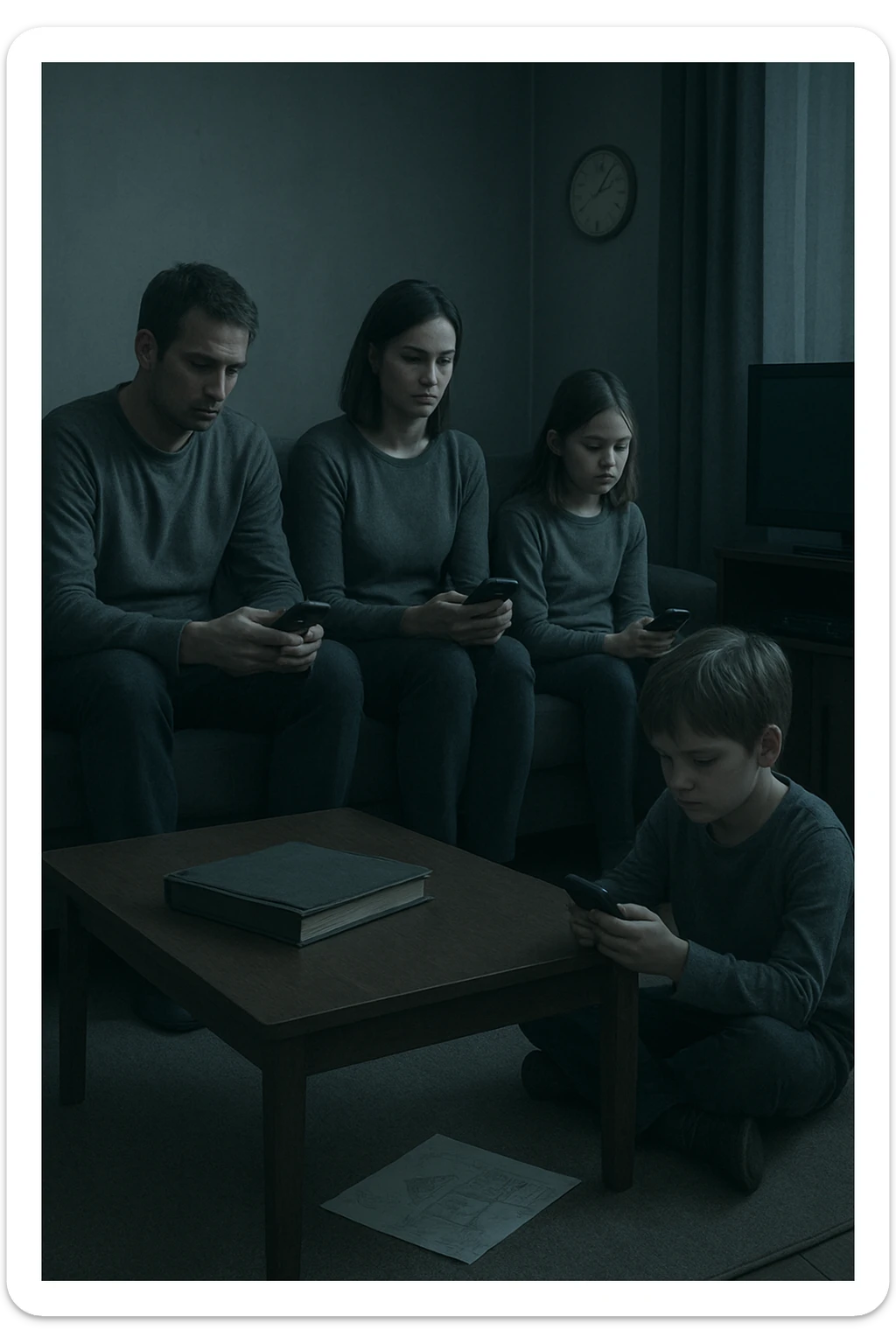 Famiglia composta da padre, madre e uno o due figli seduti nello stesso ambiente domestico (salotto o tavola da pranzo), ma ciascuno è assorto nei propri pensieri, con espressioni spente e distaccate. Nessuno si guarda o sorride. I colori dell’ambiente sono freddi e grigi, la luce è debole. Intorno a loro, simboli di disconnessione: telefoni in mano, TV accesa ma ignorata, silenzio. L’atmosfera è visivamente carente di calore emotivo. Nessun contatto fisico, postura rigida. Un dettaglio visivo come un album di foto chiuso sul tavolo o un disegno dei figli dimenticato sul pavimento accentua la mancanza di dolcezza e unione sticker