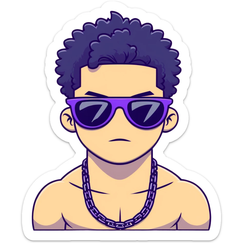 shirtless male athlete with white skin and moderately curly black hair on top with shaved sides, wearing purple sunglasses with very dark heavily tinted black lenses that completely hide the eyes, and a plain black chain necklace sticker