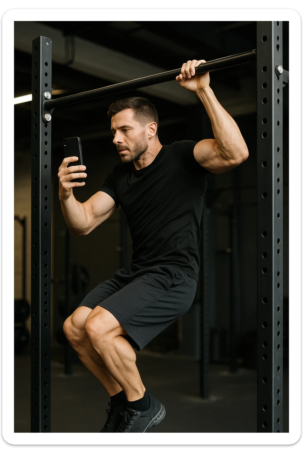 uomo che fa Muscle up e si sta filmando di lato con il telefonino che lo riprende mentre si allena, così da analizzarsi dopo sticker