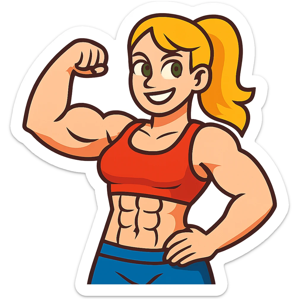 muscular white girl with blonde hair and green eyes, flexing 6 pack abs and one arm bicep sticker