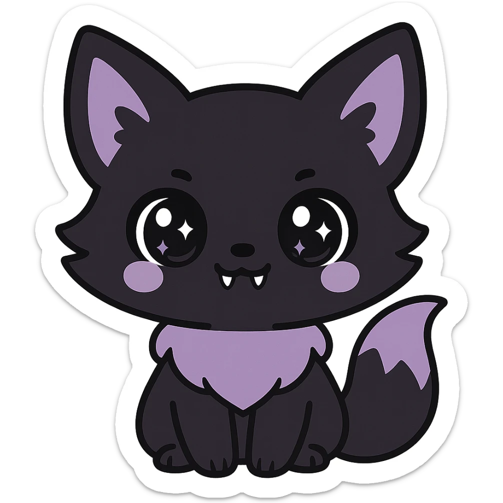 kawaii style gothic fox, adorable face, black and purple fur, sparkling eyes, tiny fangs, sweet and spooky sticker
