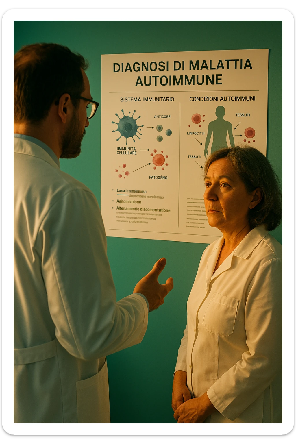 Foto tutta in italiano Realistic, detailed photo taken from behind of one doctor e un paziente —a bearded man and a middle-aged woman—standing and facing each other as they discuss an autoimmune disease diagnosis in front of a medical chart that displays information about the immune system and autoimmune conditions. The scene is illuminated by a yellowish, orange, warm light that softly envelops the doctors. The entire room is bathed in a single green-blue color, creating a cohesive and modern atmosphere. Both doctors wear white coats, and their body language suggests a serious, professional conversation about the complexities of autoimmune diseases. Shot with a Canon EOS R5, with high detail and natural depth of field. scritto in italiano sticker