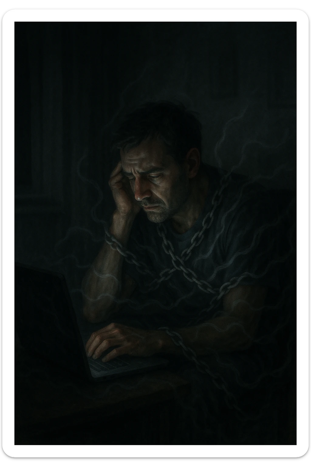 a man sits alone in a dimly lit room at night, illuminated only by the glow of a computer or phone screen. His posture is slouched, and his expression is tired and troubled. Around him, faint, ghostly chains or shadows subtly wrap around his body, symbolizing addiction and emotional distress. The background is blurred, emphasizing isolation and discomfort. in italiano sticker