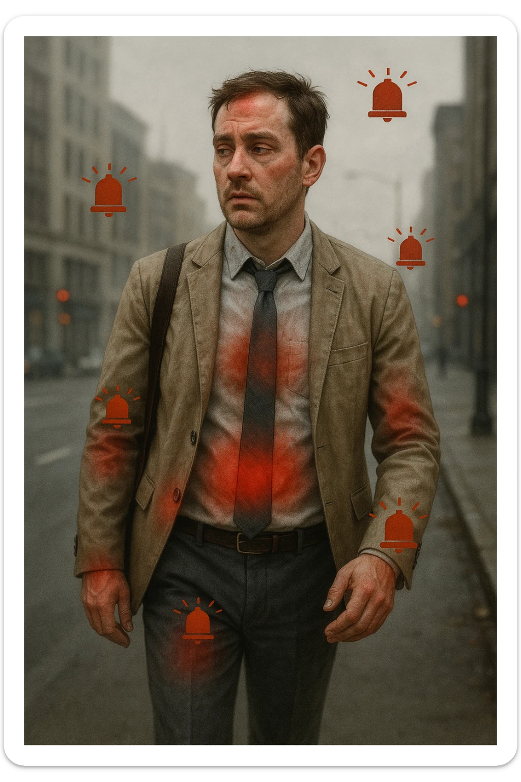 Uomo di circa 35 anni in giacca e cravatta, cammina deciso mentre il suo corpo invia segnali visibili: zone arrossate su addome, testa e articolazioni, occhi stanchi, pelle spenta. Intorno a lui appaiono simboli di allarme (come piccole icone rosse di dolore o stanchezza), ma lui guarda altrove con espressione indifferente o distratta. Sfondo urbano, giornata grigia, atmosfera di disconnessione mente-corpo. Stile realistico con accenti metaforici. sticker