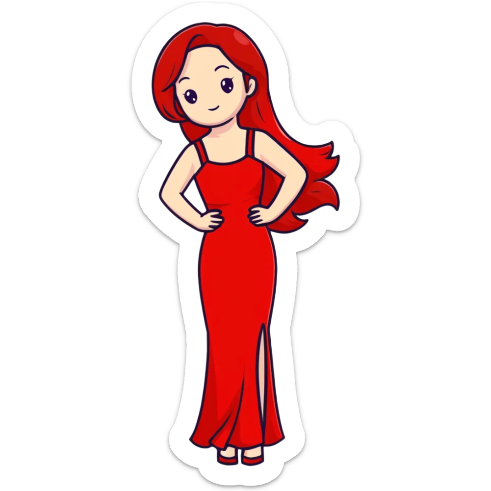Fair-skin elegant girl in red long dress with long red hair sticker