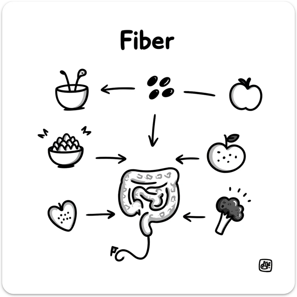 Hand-drawn doodle showing various fiber-rich foods like oats, beans, apples, berries, and broccoli with arrows pointing to a healthy intestine, with text showing 'Fiber' sticker